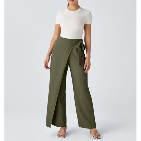 Halara High Waisted Tie Side Invisible Zipper Wide Leg Work Pants Sz Large Green - Picture 1 of 15